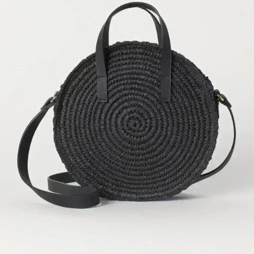 Round Paper Straw Handbag H&M Crossbody basket Boho weaved beachy summer - Picture 2 of 8